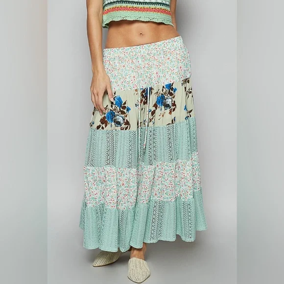 *Free Gift* POL Floral Patchwork Maxi Skirt - Mint and Cream - Picture 2 of 4